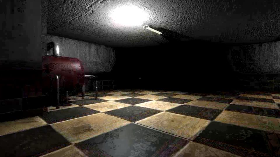 Echoed Nights gameplay — a dark basement room with a checkered tile floor, lit by a single flickering fluorescent tube